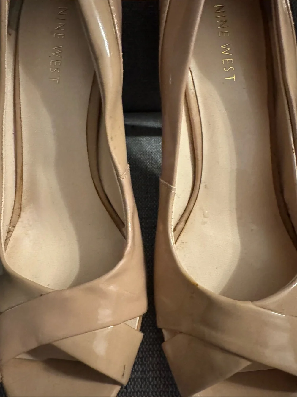 Nine West Nude Patent Leather Peep-Toe Platform Heels – Size 7